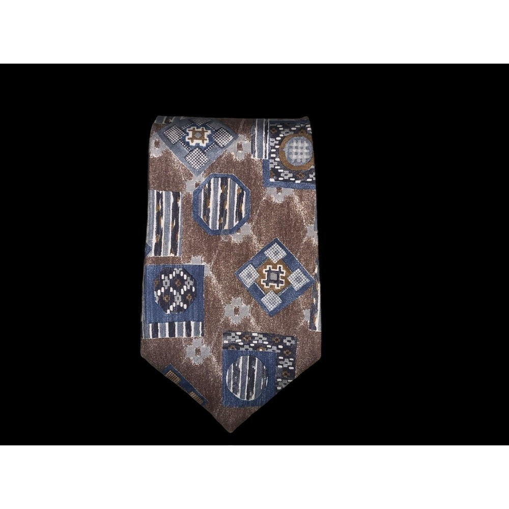I Am Je Suis Tie Brown & Blue Geometric Print 100% Imported Silk